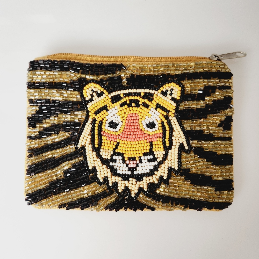 Tiger Gold and Black Seed Bead Coin Purse Zipper Bag Animal Print Bag Gift